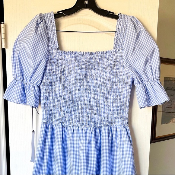Damaris Bailey Azul Dress Smocked Puff Sleeve Midi Gingham Blue Large NWT - Picture 4 of 7